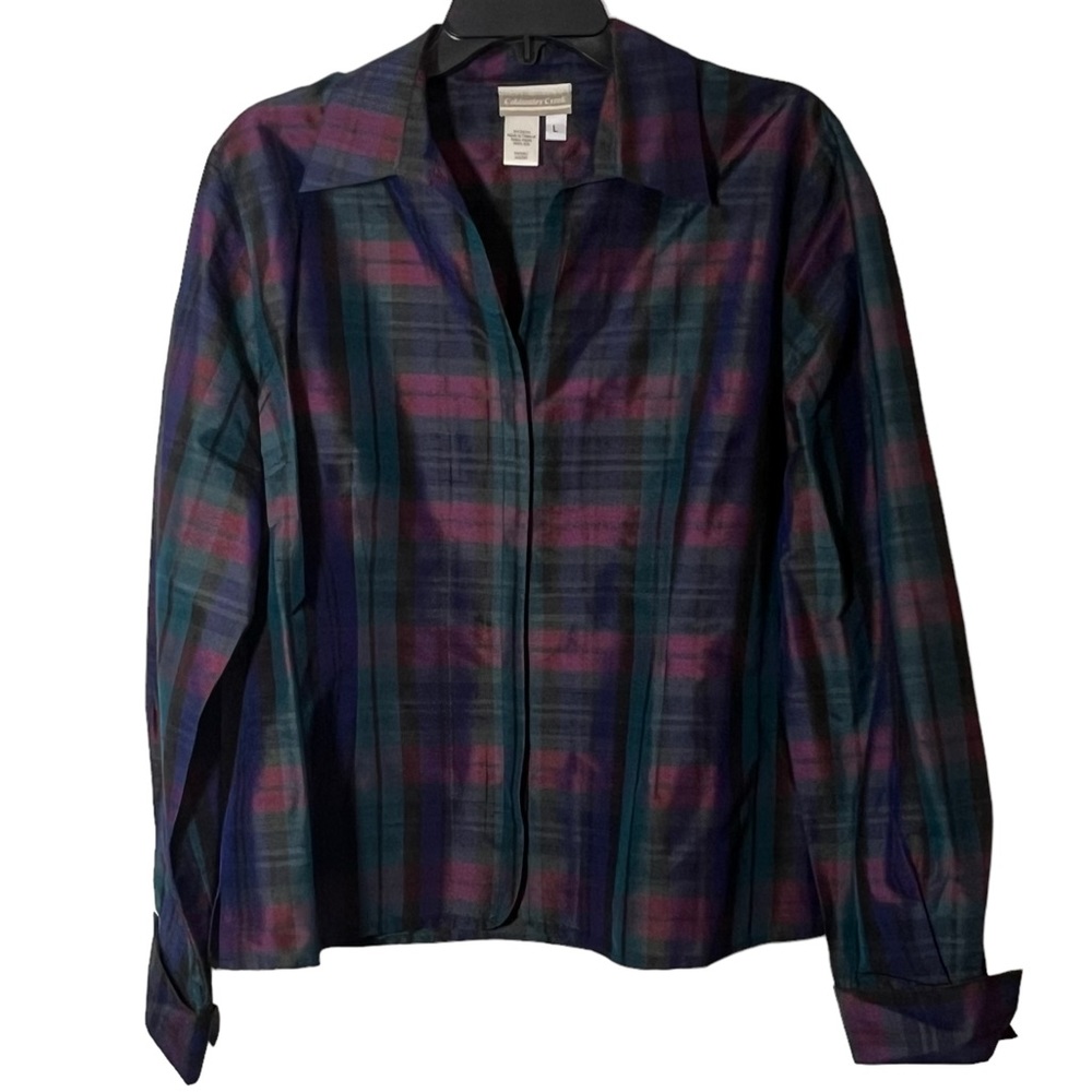 COLDWATER Creek Silk Plaid Button Down Shirt Size Large Top
